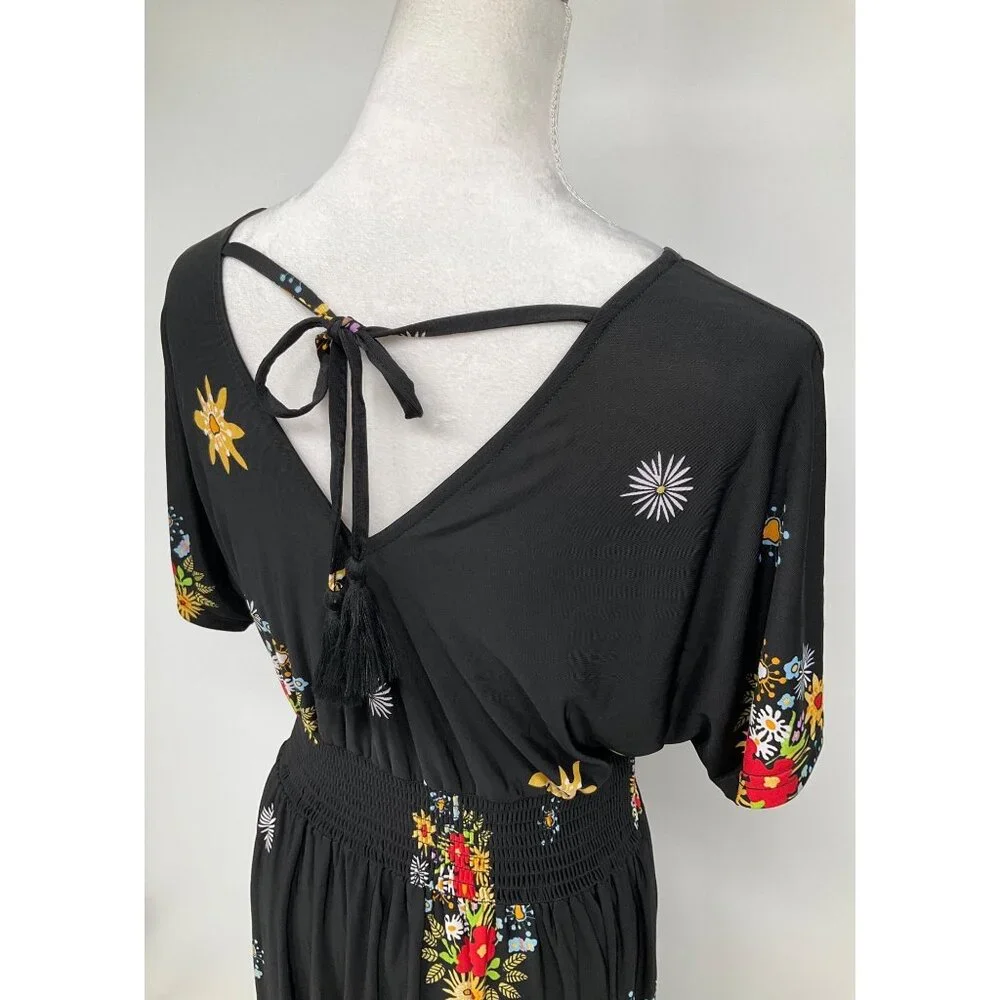 Lildy New Size L/XL Tassel Tie Back Maxi Dress Black Floral Boho - Picture 7 of 10
